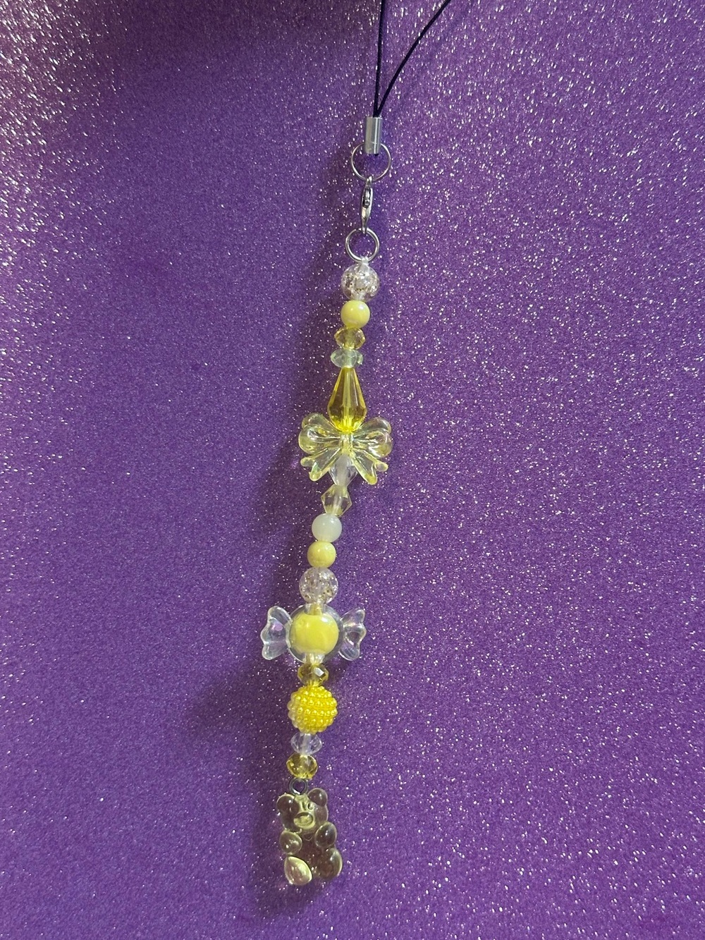 Handmade Yellow Gummy Bear Beaded Phone Charm with Bow and Candy Accents